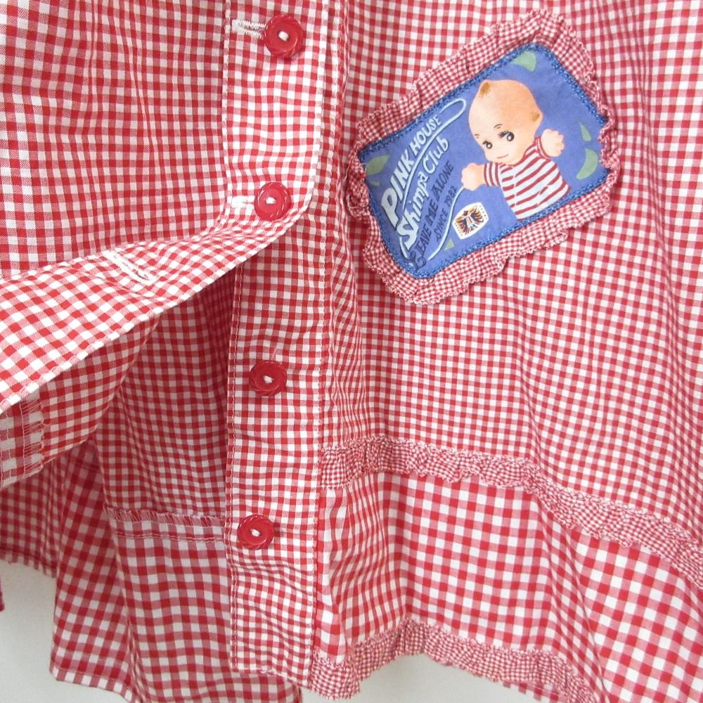  PINK HOUSE ピンクハウス キューピー パッチワーク ギンガムチェック セーラー フリル シャツワンピース レッド レディース 古着 半袖 その他