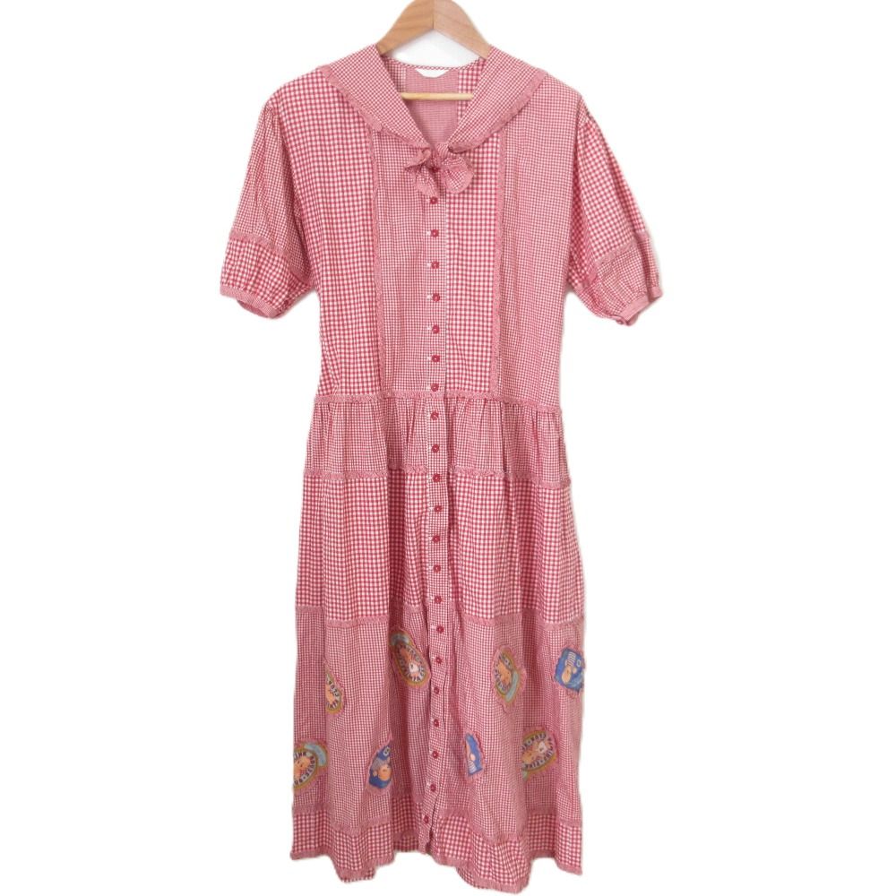 PINK HOUSE ピンクハウス キューピー パッチワーク ギンガムチェック セーラーカラー フリル シャツワンピース レッド レディース 古着
