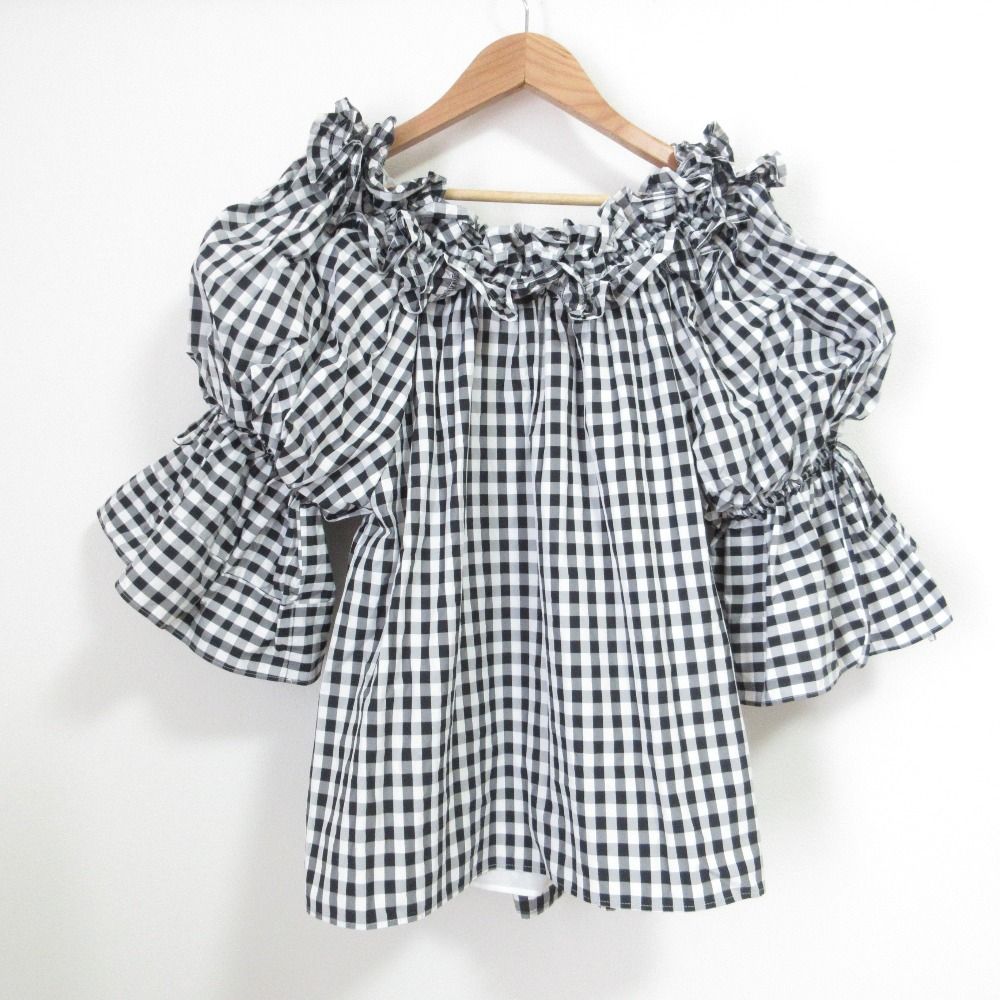 Re.Verofonna ヴェロフォンナ ギンガムチェック アキロンコラボギャザーフリルブラウス サイズ38 ブラック ホワイト レディース 古着