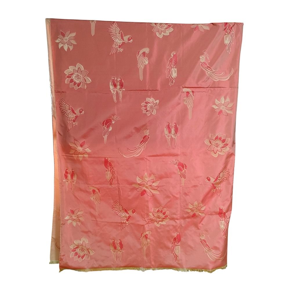 美品 CARTIER カルティエ 睡蓮 鳥 シルク100％ 大判 フリンジストール