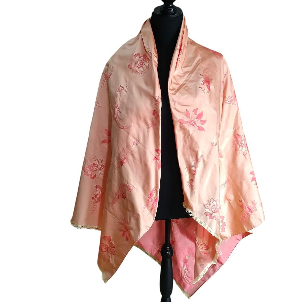 美品 CARTIER カルティエ 睡蓮 鳥 シルク100％ 大判 フリンジストール