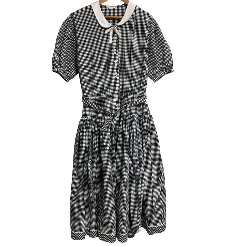 PINK HOUSE ピンクハウス ギンガムチェック ラウンドカラー 白襟 半袖 ロング シャツワンピース ブラック レディース 古着