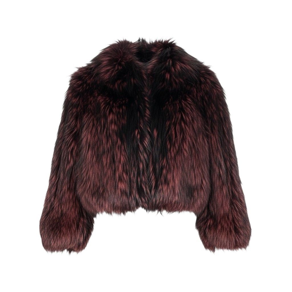 68 L 8 EMBA エンバ 染め フォックスファー ジップアップジャケット コート サイズ11号 レッドパープル ブラック 本毛皮 FOX FUR デザインt 18 r