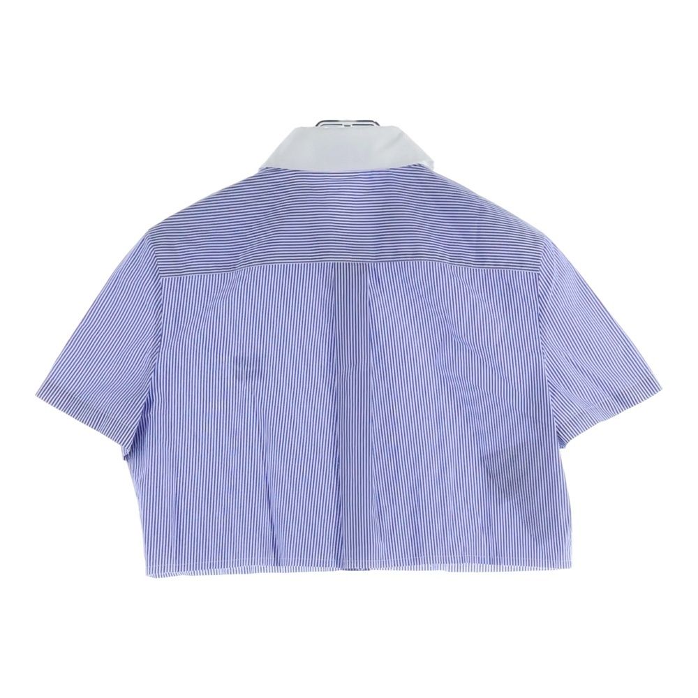 miumiu ミュウミュウ 23 SS ロゴ刺繍 ストライプ総柄 クロップド ショート丈 半袖シャツ ブルー ホワイト レディース MK 1832