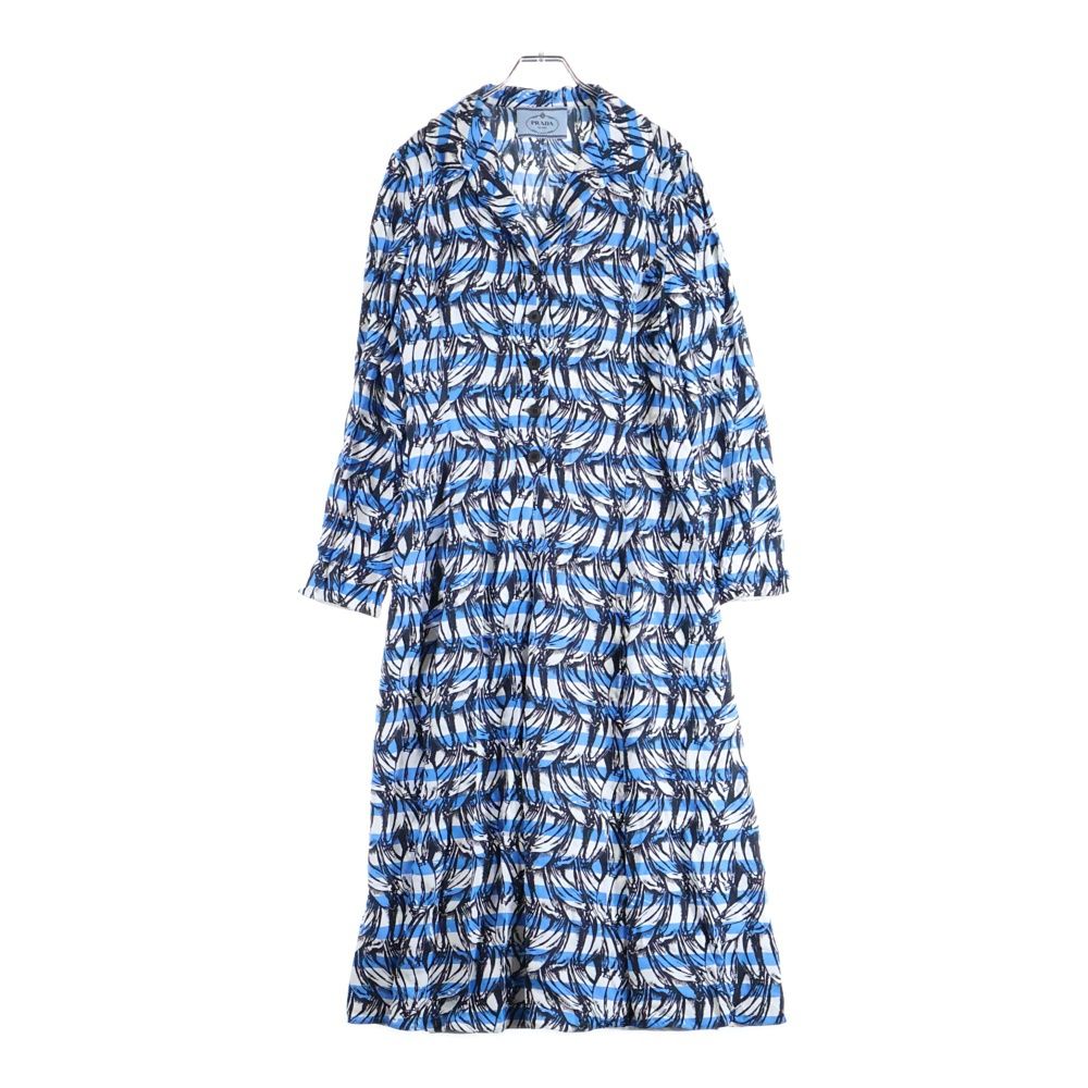PRADA プラダ 18 SS バナナ ボーダー 総柄プリント ビスコース レーヨン 長袖 シャツ ロング ワンピース ドレス ライトブルー ホワイト レディース P 36 Y 3