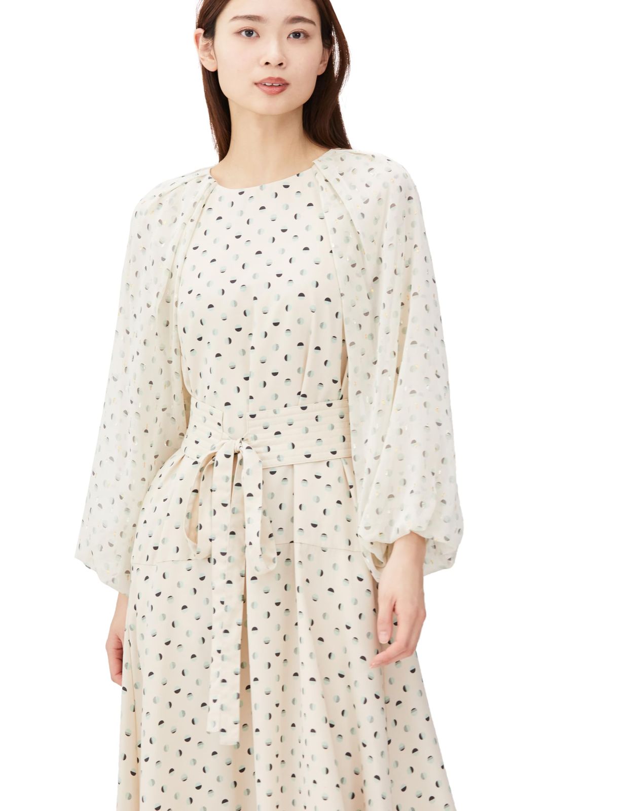 ワンピース ベルト付きドットプリントワンピース