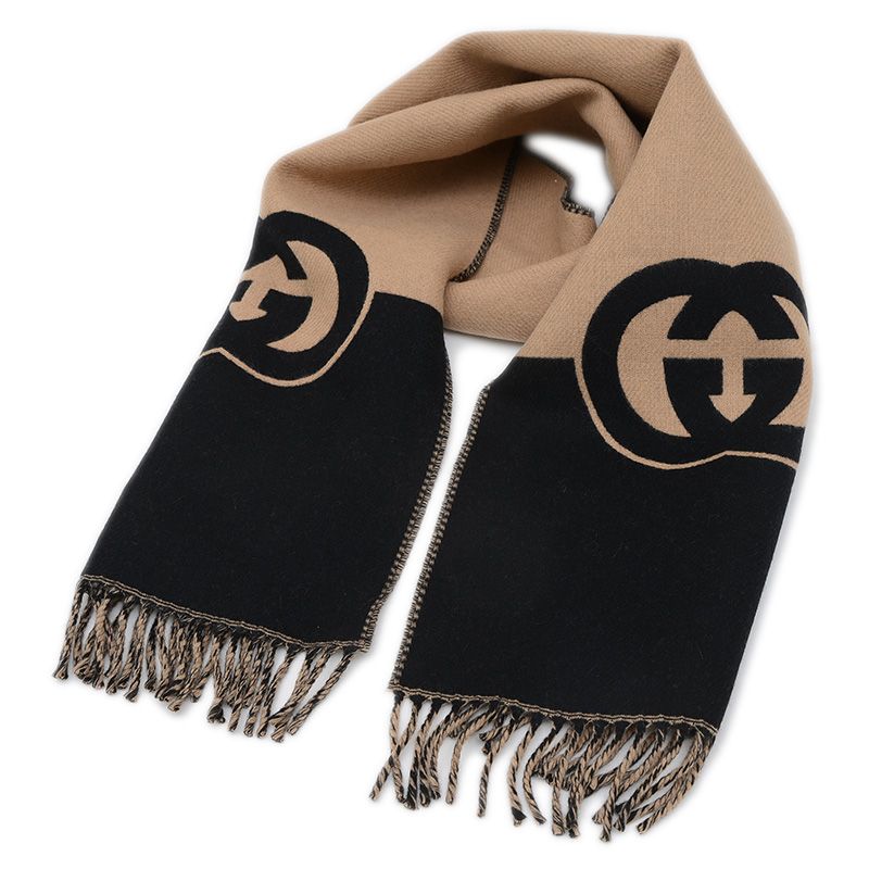 新品・未使用 GUCCI インターロッキングG付き ウールカシミア マフラー グッチ インターロッキングG マフラー ウール/カシミヤ ブラック