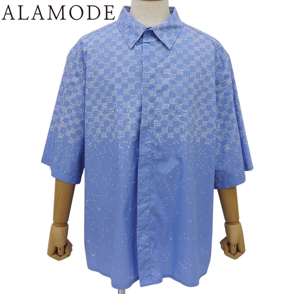 LOUIS VUITTON ルイ ヴィトン ダミエ スプレッド半袖シャツ シャツ ブラウス RM 222 M トップス アパレル ファッション 5 L コットン ポリアミド ライトブルー水色 メンズ アラモード