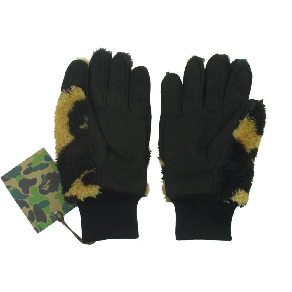 A BATHING APE アベイシングエイプ 1 ST CAMO BOA GLOVES ファースト カモ ボア グローブ 猿ワッペン付 手袋 ブラック系 ブラウン系 M