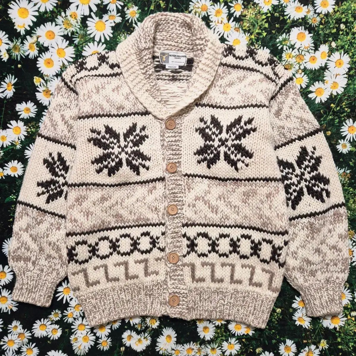 SEVEN ISLANDS 雪花パータン カウチン カーディガン 成人M