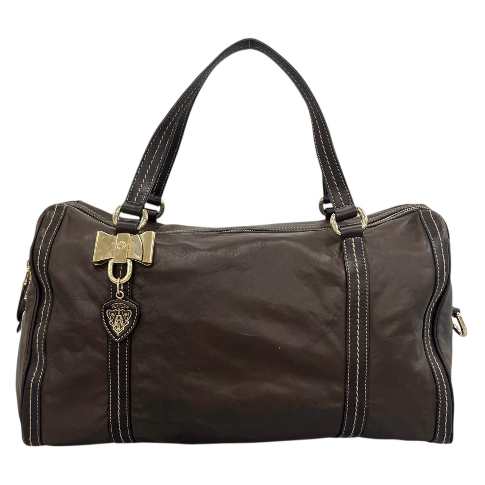 GUCCI グッチ 無地 ボストンバッグ レザー ブラウン レディース