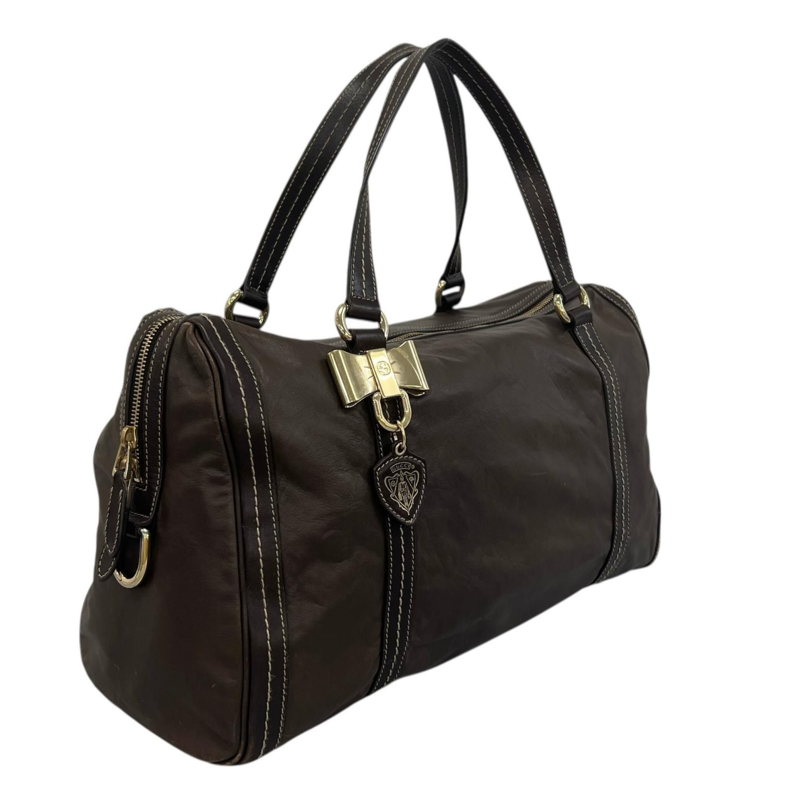 GUCCI グッチ 無地 ボストンバッグ レザー ブラウン レディース