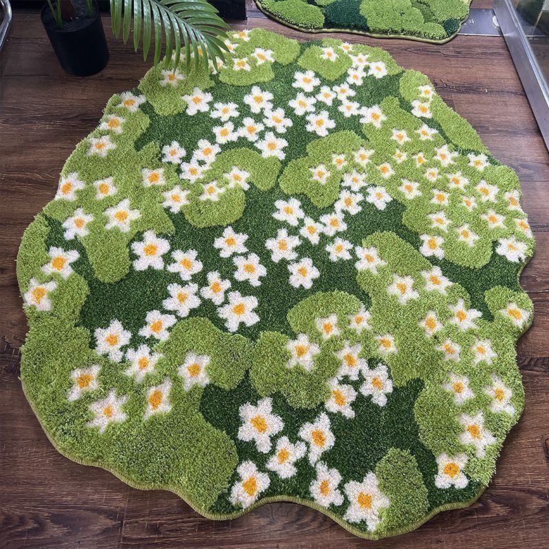 ラグ カーペット マット 草原に白い花々 立体的パイル 吸水性 速乾性 滑り止め加工 マイクロファイバー 洗える フロア キッチン バス 玄関 リビング ベッドサイド フローリング 床 自然 おしゃれ 花柄 グリーン ホワイト ナチュラル フローラル