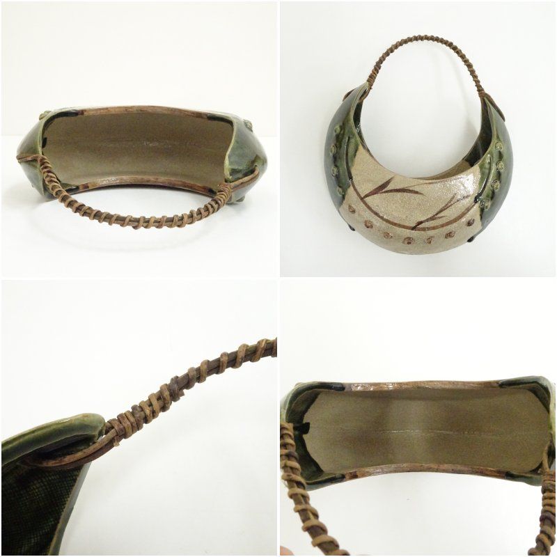 松本鉄山造 織部太鼓胴釣舟花入（共箱） 花入れ 茶道 茶道具 花瓶 花器