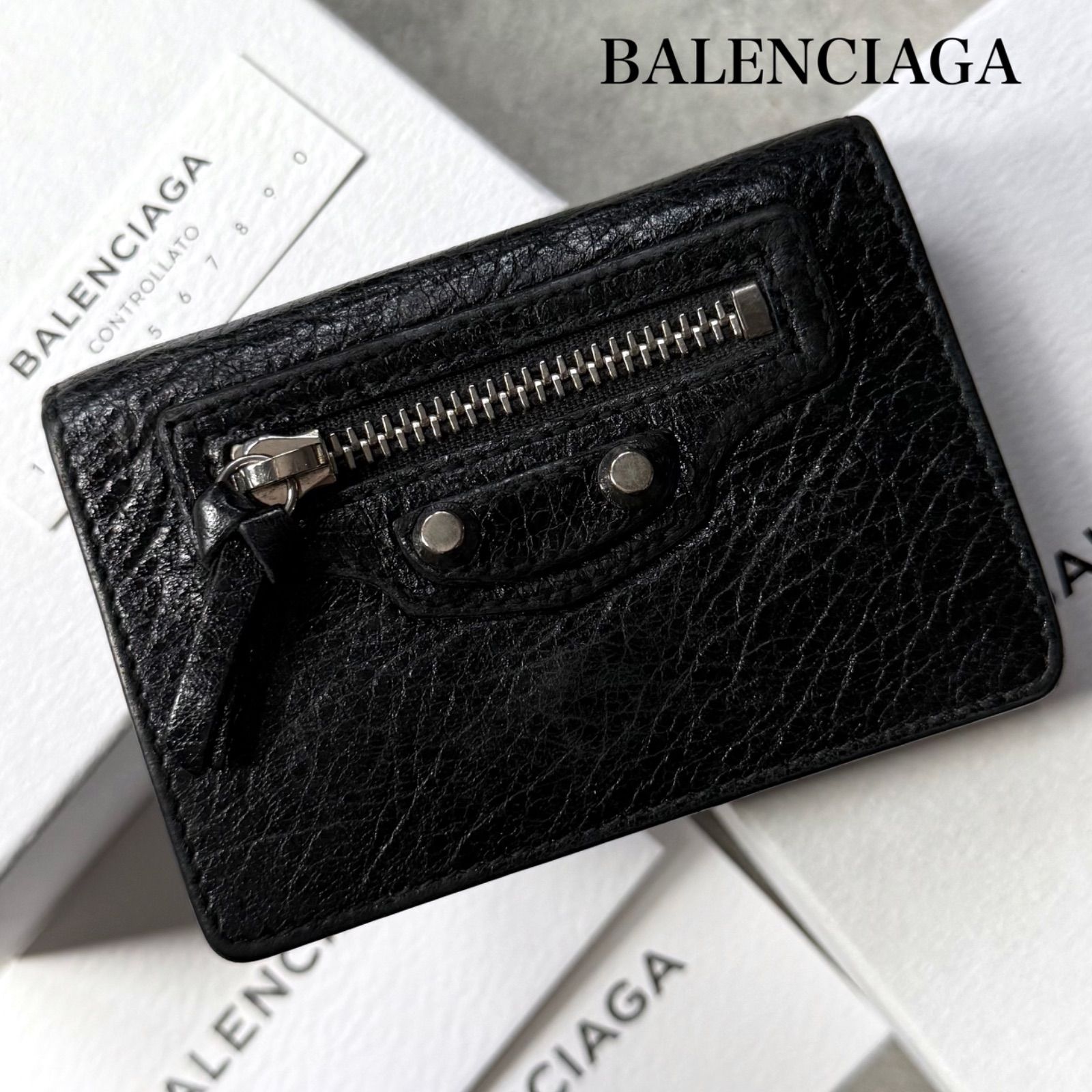 BALENCIAGA バレンシアガ 三つ折り財布 クラシックミニ ウォレット 黒×銀 レザー コンパクトウォレット