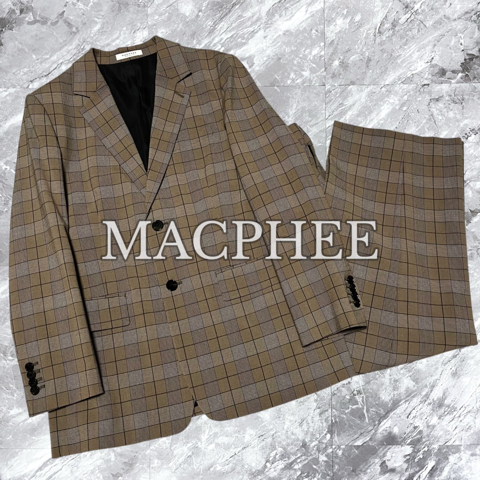 MACPHEE マカフィー トゥモローランド セットアップ ストレッチポプリン グレンチェック 2 B 総裏 センターベント 本切羽 ブラウン系 茶色系 サイズ36 S相当
