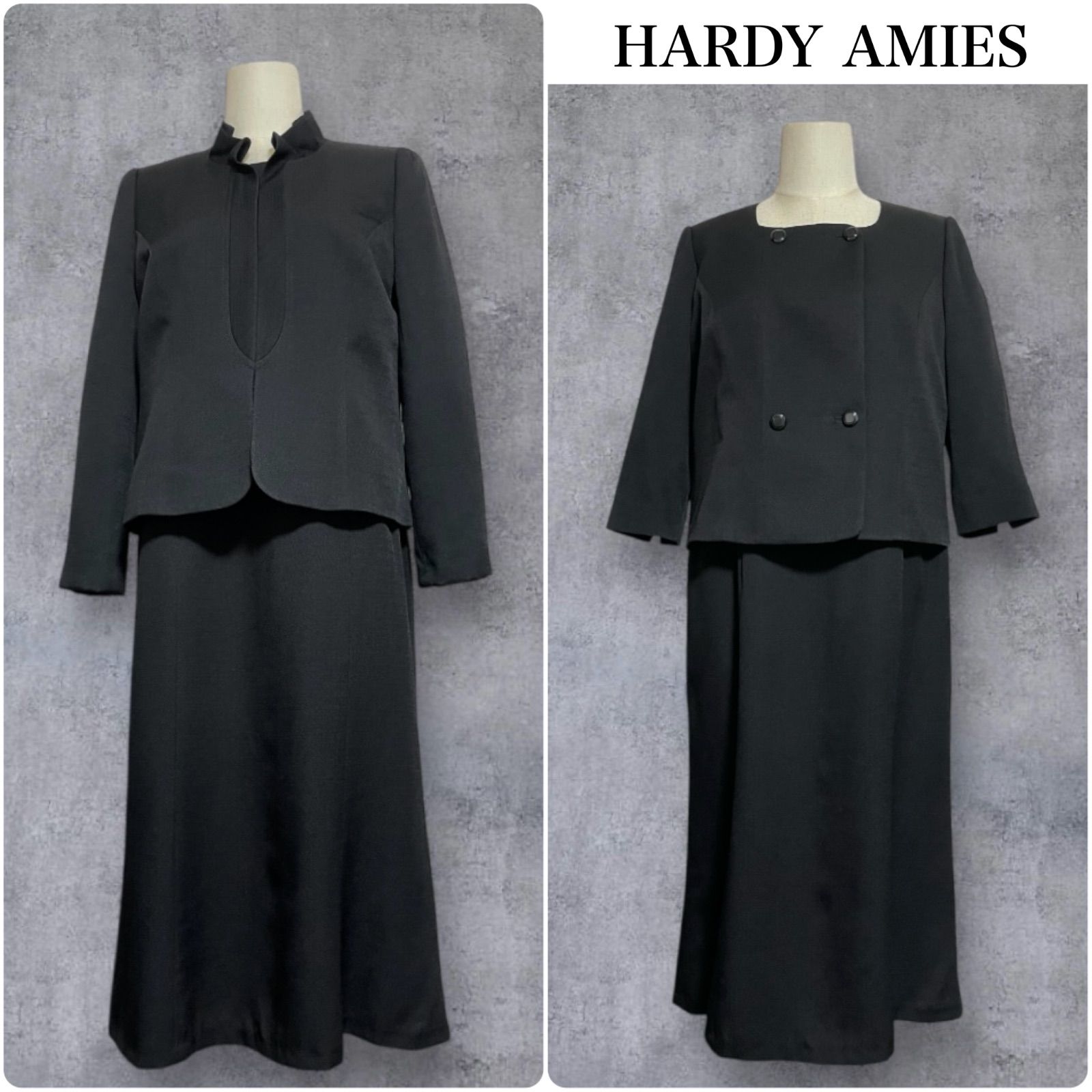 HARDY AMIES ハーディーエイミス 喪服 礼服 大きいサイズ 13号 ブラックフォーマル ジャガード フリルジャケット 前開きワンピース アンサンブル スカートスーツ ラブリークイーン 日本製