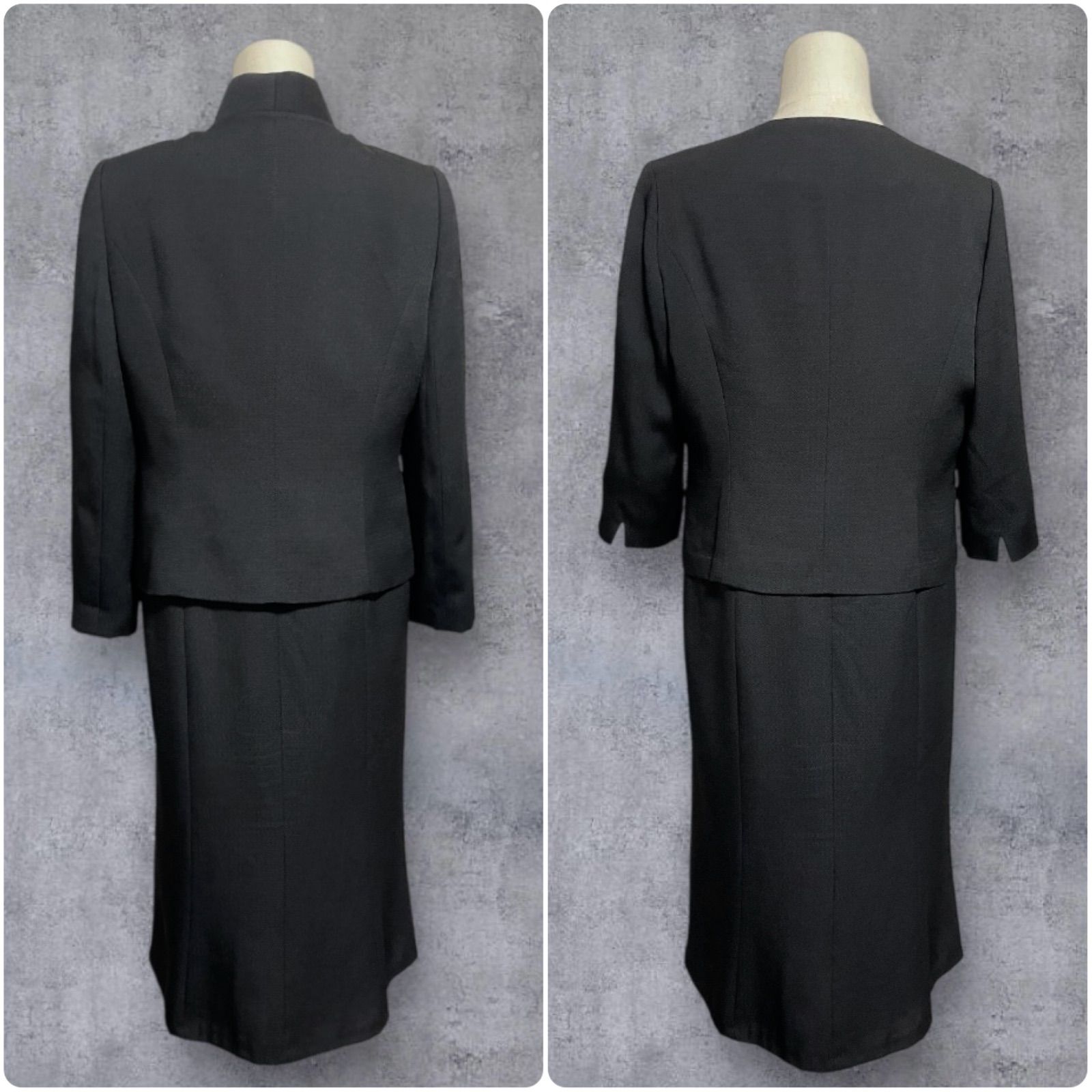 HARDY AMIES ハーディーエイミス 喪服 礼服 大きいサイズ 13号 ブラックフォーマル ジャガード フリルジャケット 前開きワンピース アンサンブル スカートスーツ ラブリークイーン