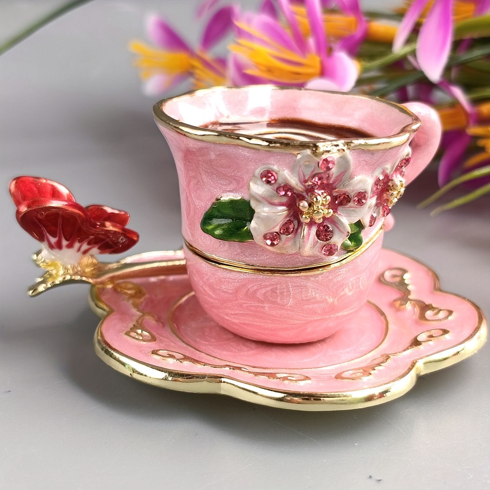 小物入れ 鍵置き 置物 インテリア オブジェ ジュエリーボックス アクセサリーケース コーヒーカップ型 ピンク 緑 2カラー 玄関 鍵 収納ボックス 雑貨 インテリア オシャレ 高級感 エナメル 