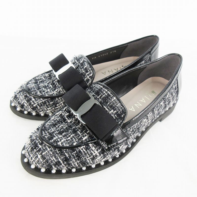 ダイアナ DIANA 現行 ローファー リボン フェイクパール ツイード