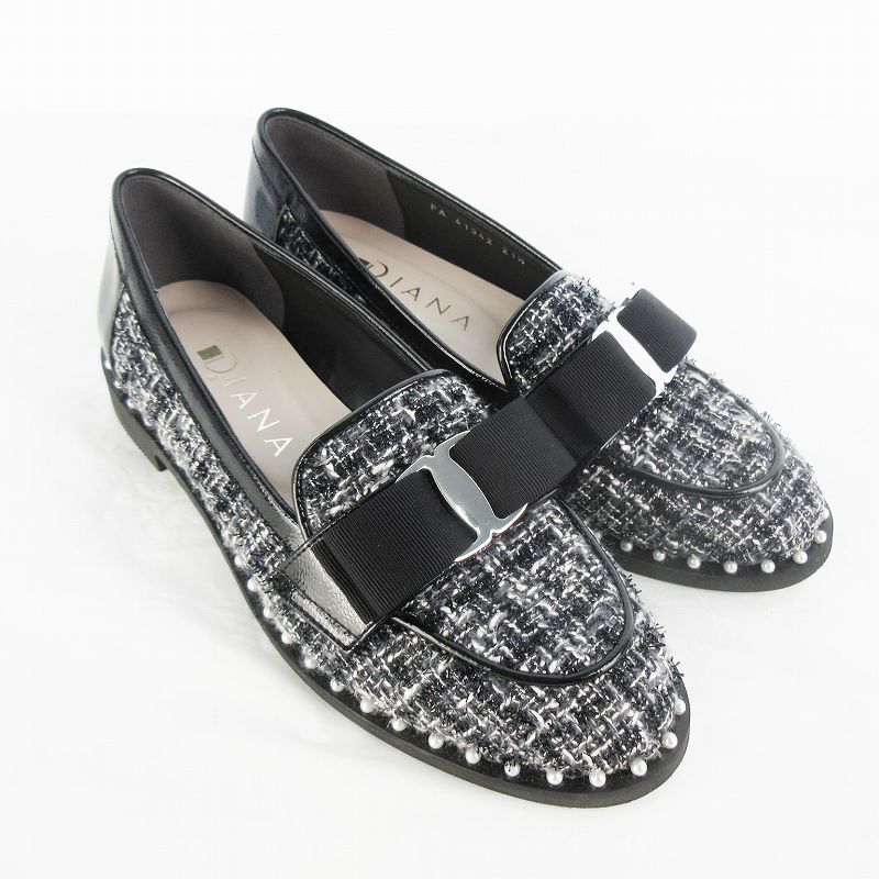 Diana ツイードローファー ブラック/グレー　ダイアナ ダイアナ DIANA 現行 ローファー リボン フェイクパール ツイード