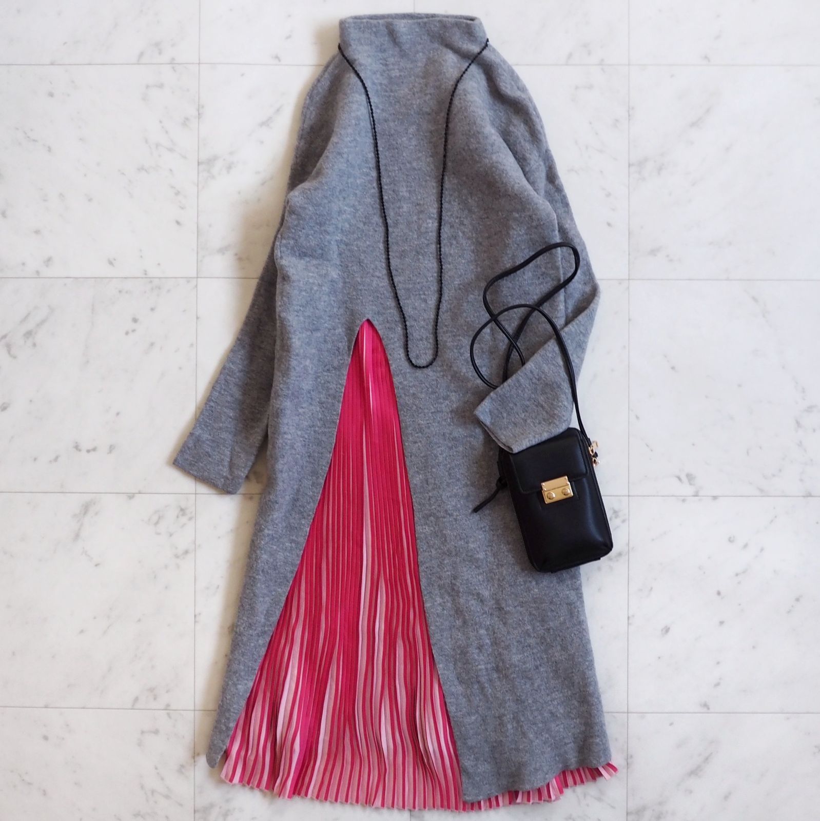 エレンディーク ドッキングニットワンピース Fサイズ グレー×ピンク プリーツ ロングワンピース ウール