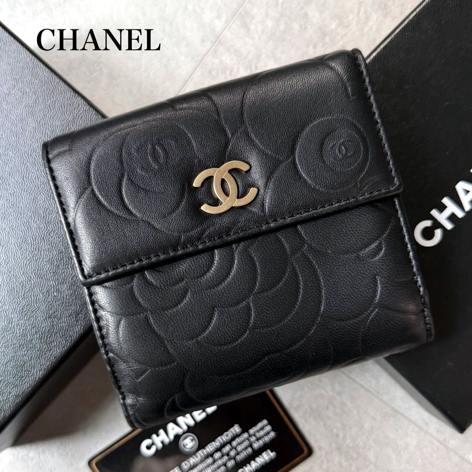 極美品 CHANEL シャネル カメリアココマーク wホック 二つ折り財布