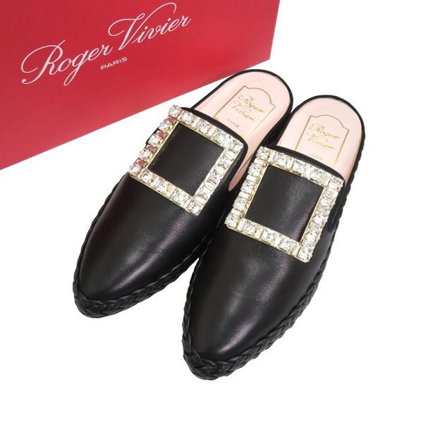 ♥ ロジェ ヴィヴィエ RV ラウンジ ストラス レザー フラット ミュール サンダル サイズ37 ブラック き 46605
