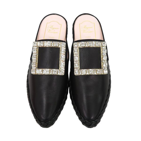 ロジェ ヴィヴィエ RV ラウンジ ストラス レザー フラット ミュール サンダル サイズ37 ブラック き 46605