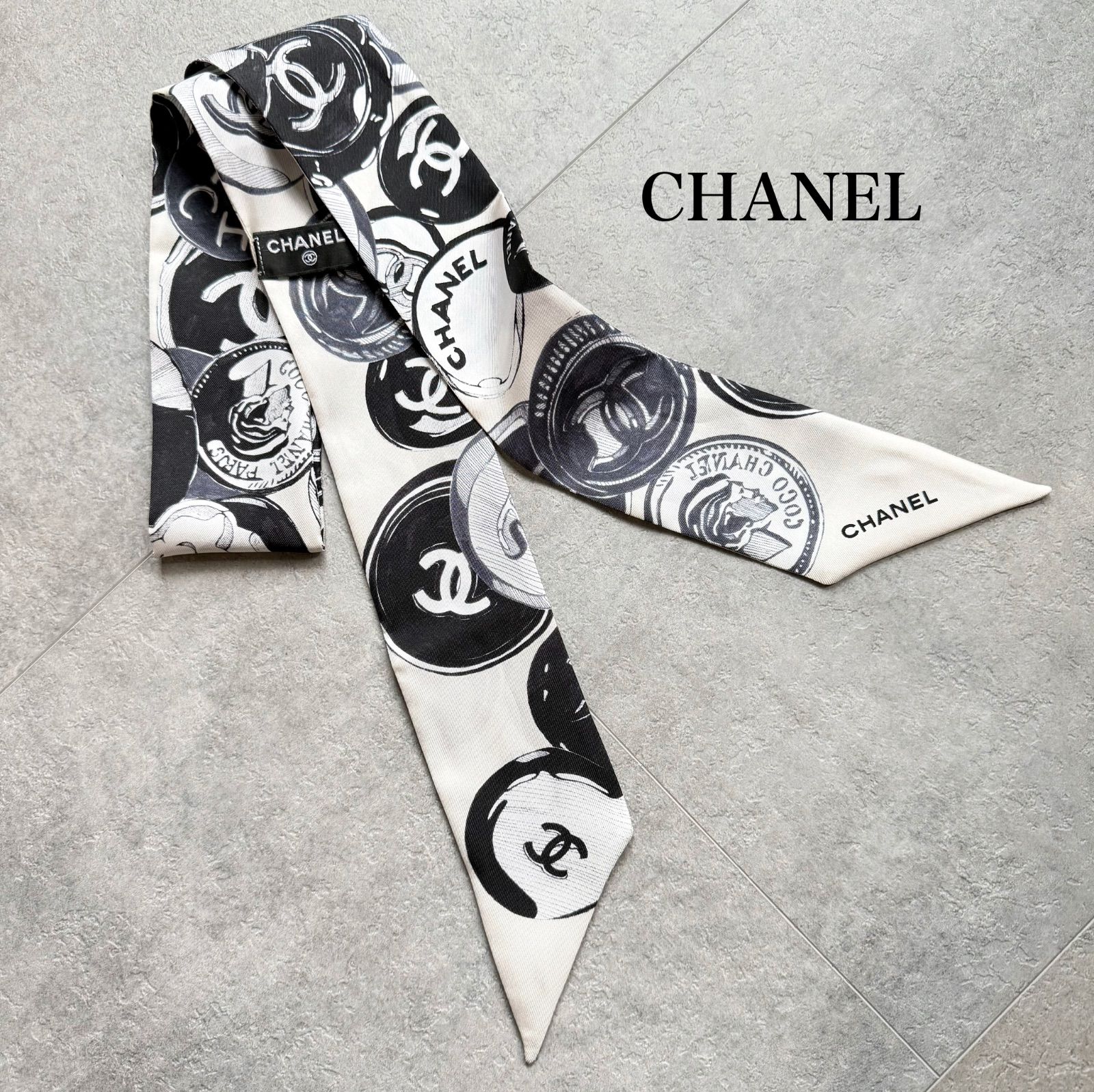 美品 CHANEL シャネル スカーフ ツイリーバンドー ブラック 黒 白 ココ 