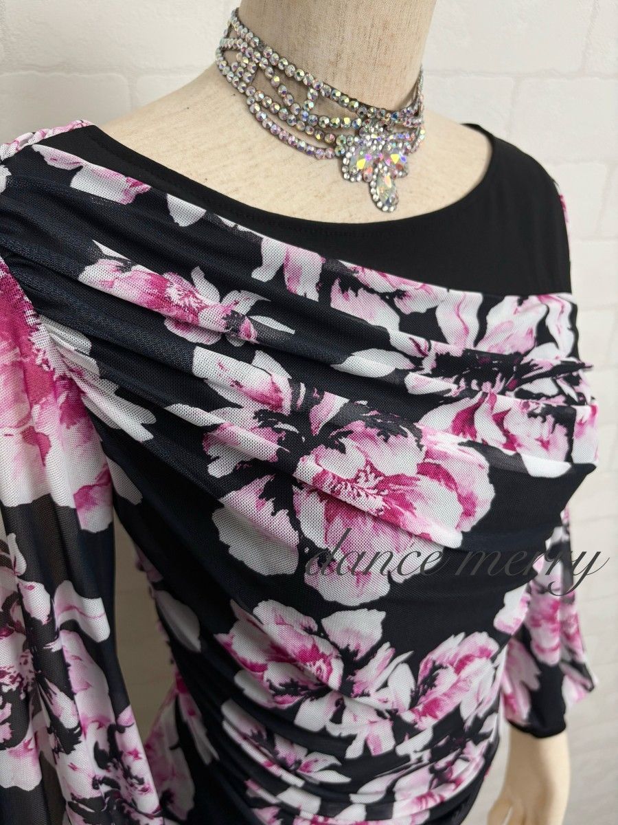 新品 社交ダンス 長袖 トップス 黒 ピンク バルーン袖 レッスン