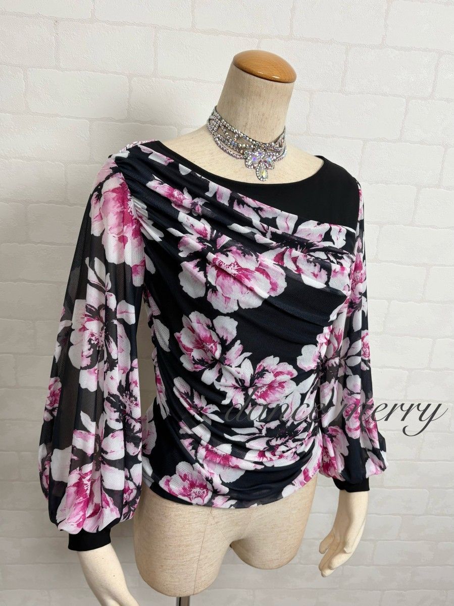 新品 社交ダンス 長袖 トップス 黒 ピンク バルーン袖 レッスン