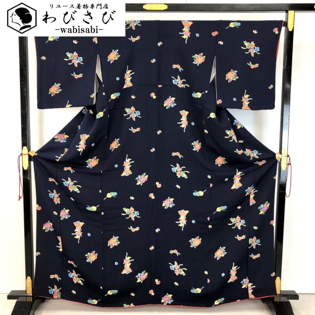 ☆ 付下げ 雪輪に花模様 縦柄暈し 金銀彩 茄子紺色 トールサイズ K