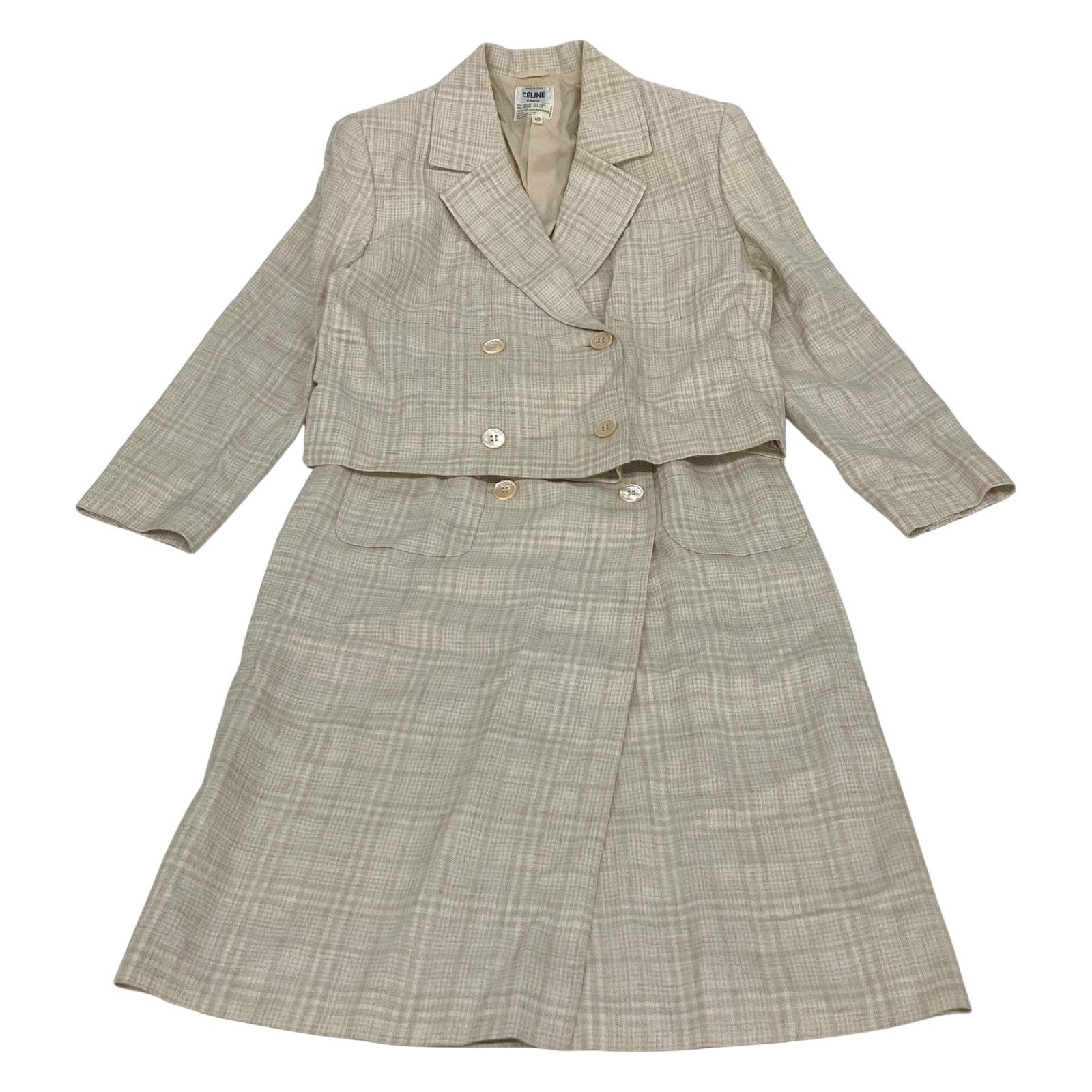 CELINE セリーヌ リネン混チェック柄セットアップダブルスーツ ヴィンテージ 40 アイボリー