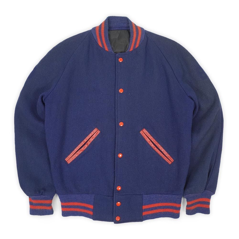 unknown 70 s 70年代 インディアンヘッド ウールスタジャン MORGANTOWN MOHIGANS ワッペン USA ヴィンテージ アメリカ 古着 メンズ コート ジャケット ネイビー × レッド L相当