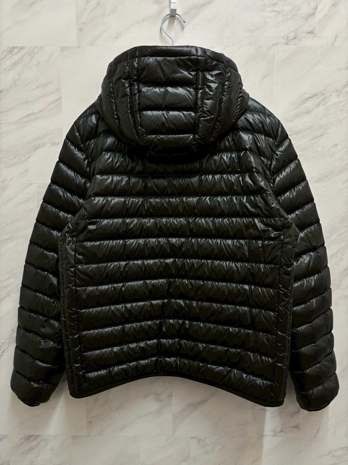 PRADA プラダ ダウン ダウンジャケット フード トップス アウター 黒 ブラック 青 ブルー トライアングル ロゴ メンズ レディース サイズ52 ほぼ♥