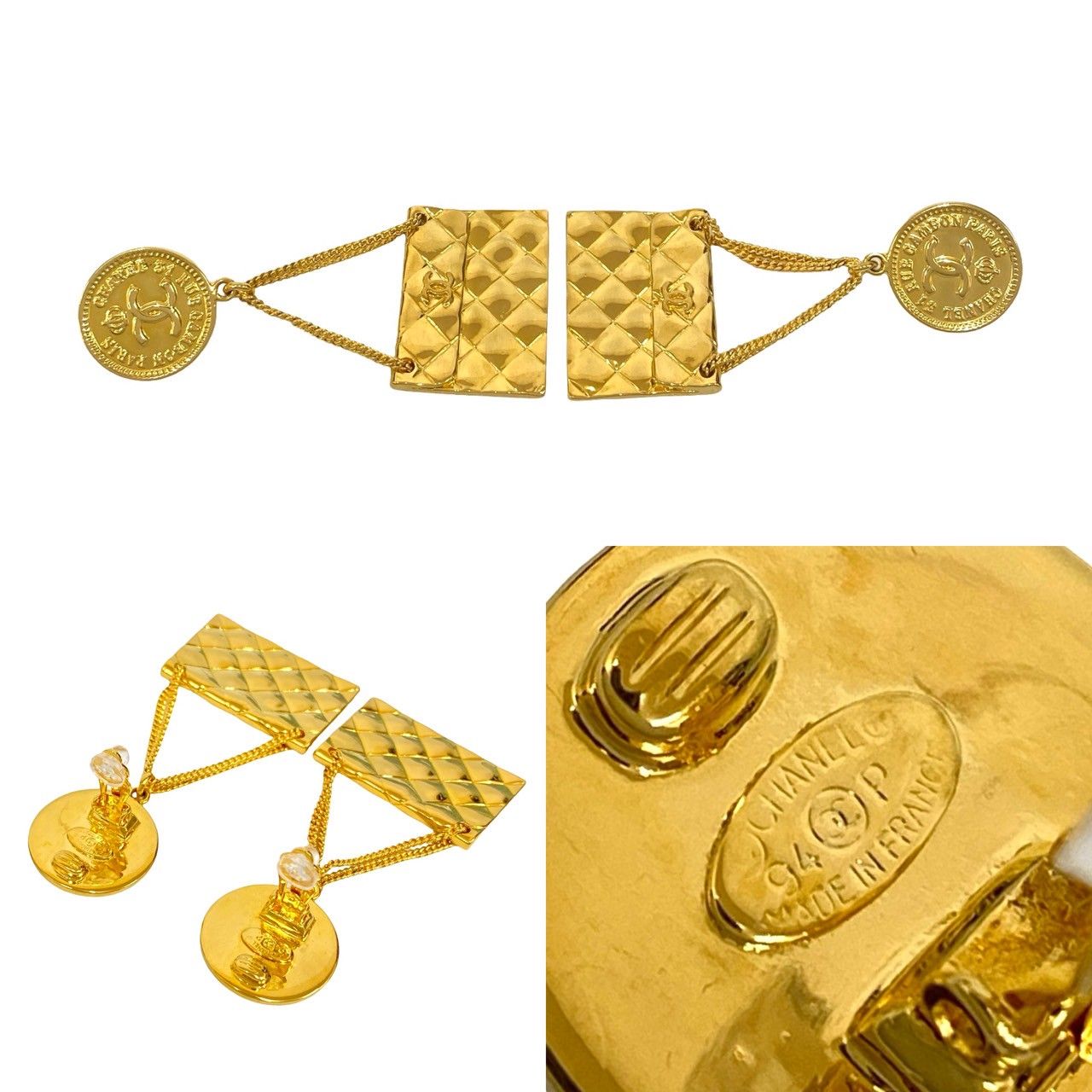 コメあり 94 P CHANEL シャネル ヴィンテージ ココマーク マトラッセ バッグ モチーフ GP イヤリング ゴールド 133-6