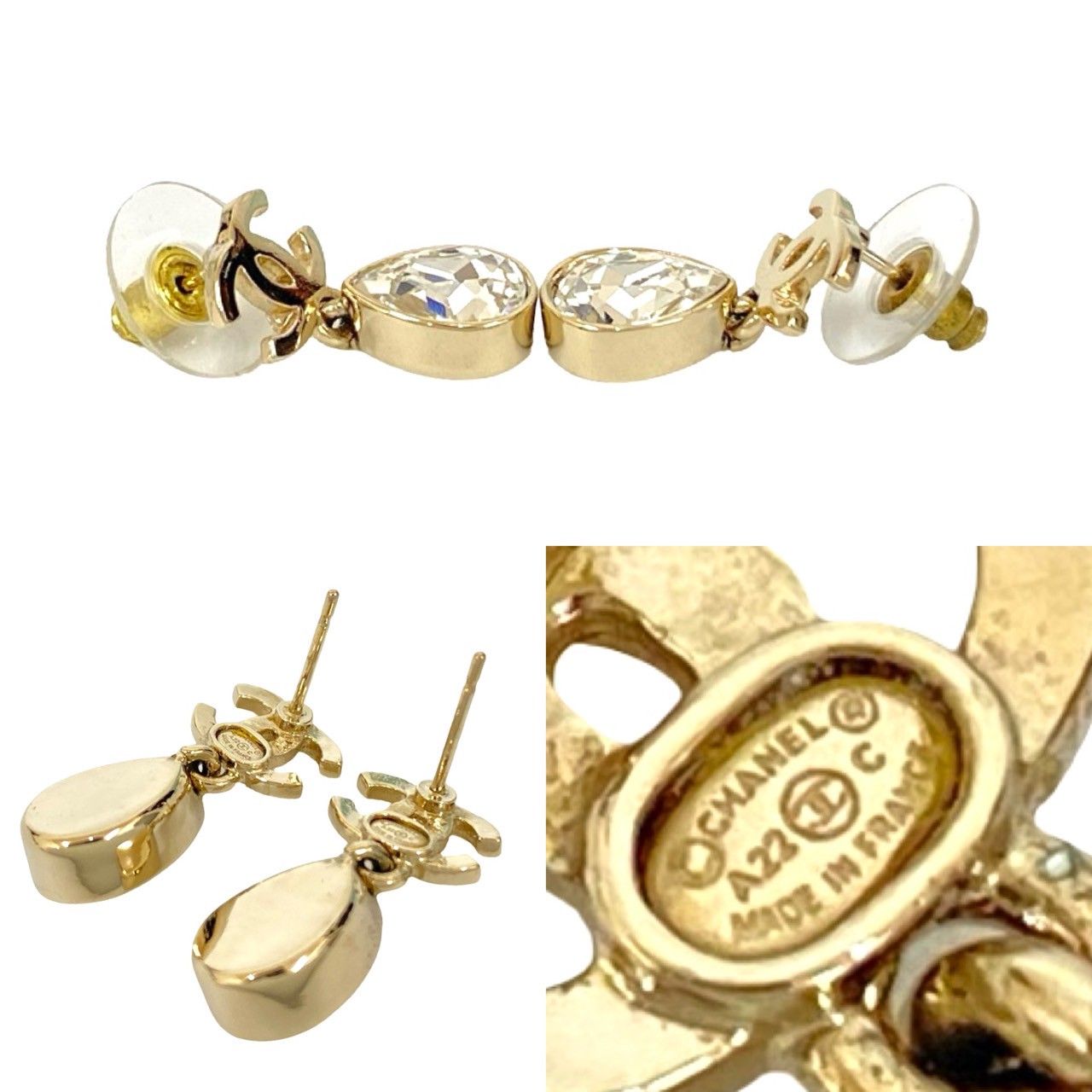 コメあり A 22 C CHANEL シャネル ココマーク モチーフ GP ラインストーン ドロップ ピアス 小物 ゴールド 19615