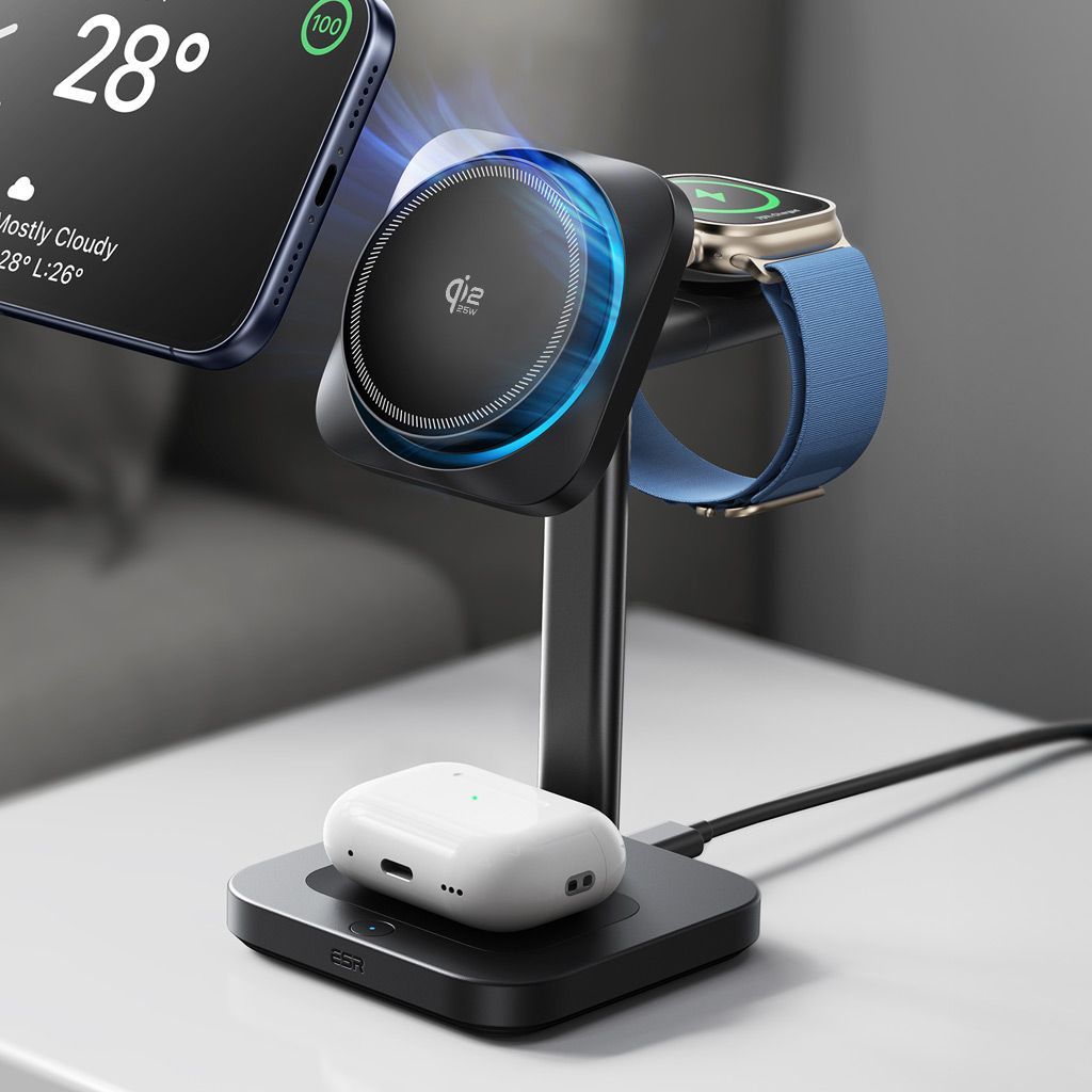 ESR Qi 2 25 W認証 3 in 1マグネット式ワイヤレス充電ステーション 2.2 認証チップを搭載 Apple認証取得 ES 28338