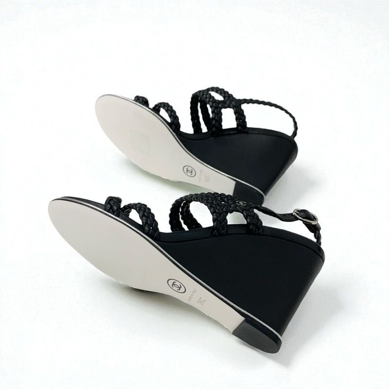 シャネル サンダル レザー ココマーク ウェッジソール 編み込み ストラップ シャネル CHANEL サンダル 靴 シューズ レザー ブラック 黒 ストラップ