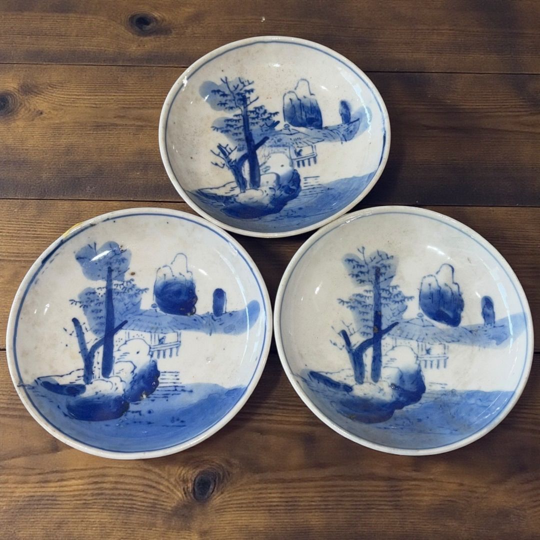 江戸時代 有田焼 3客セット 古伊万里染付山水図 小皿 直径11cm