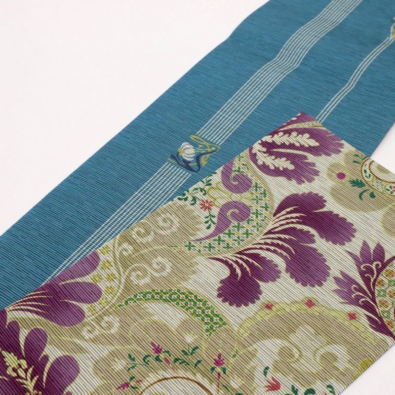  召しませ花 半幅帯 リバーシブル ペイズリー 淡灰×水色 カジュアル きもの 和装 BP 10-2 半巾 半幅 小袋帯 帯