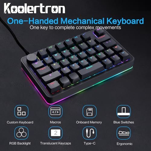Koolertron 片手ゲーミングキーボード マクロキーボード ラピッドトリガー メカニカル プログラム 左手デバイス 4層レイヤー RGBバックライト ミニ ショットカットキー 小型 Type-C有線接続 ポータブル e 545097