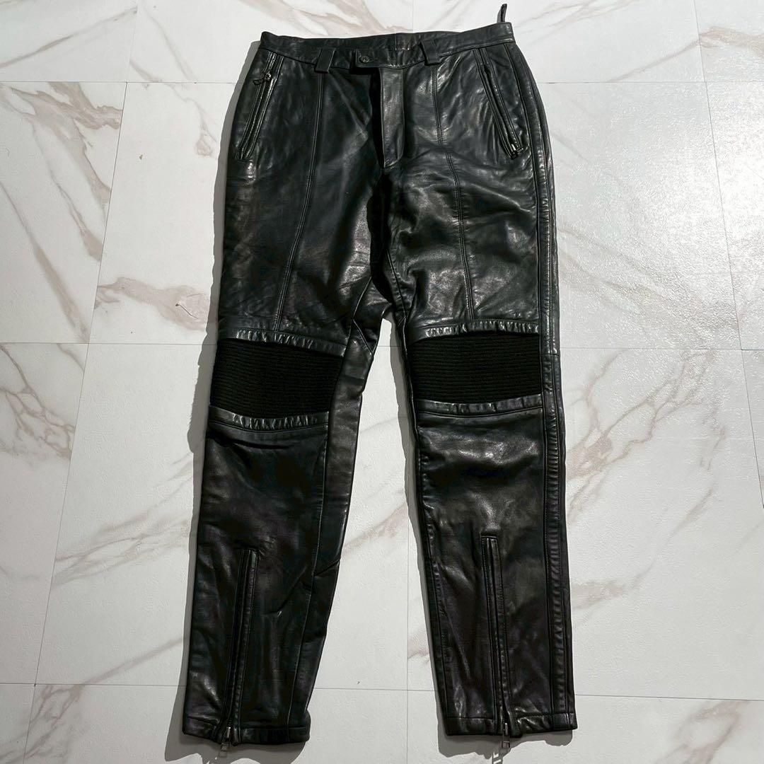ISSEY MIYAKE MEN イッセイミヤケメン 1996 AW ラムレザー 羊革 本革 ブラック 黒 バイカーパンツ レザーパンツ フルレングス 裾ジップ ファスナー Lサイズ メンズ 名作 アーカイブ archive