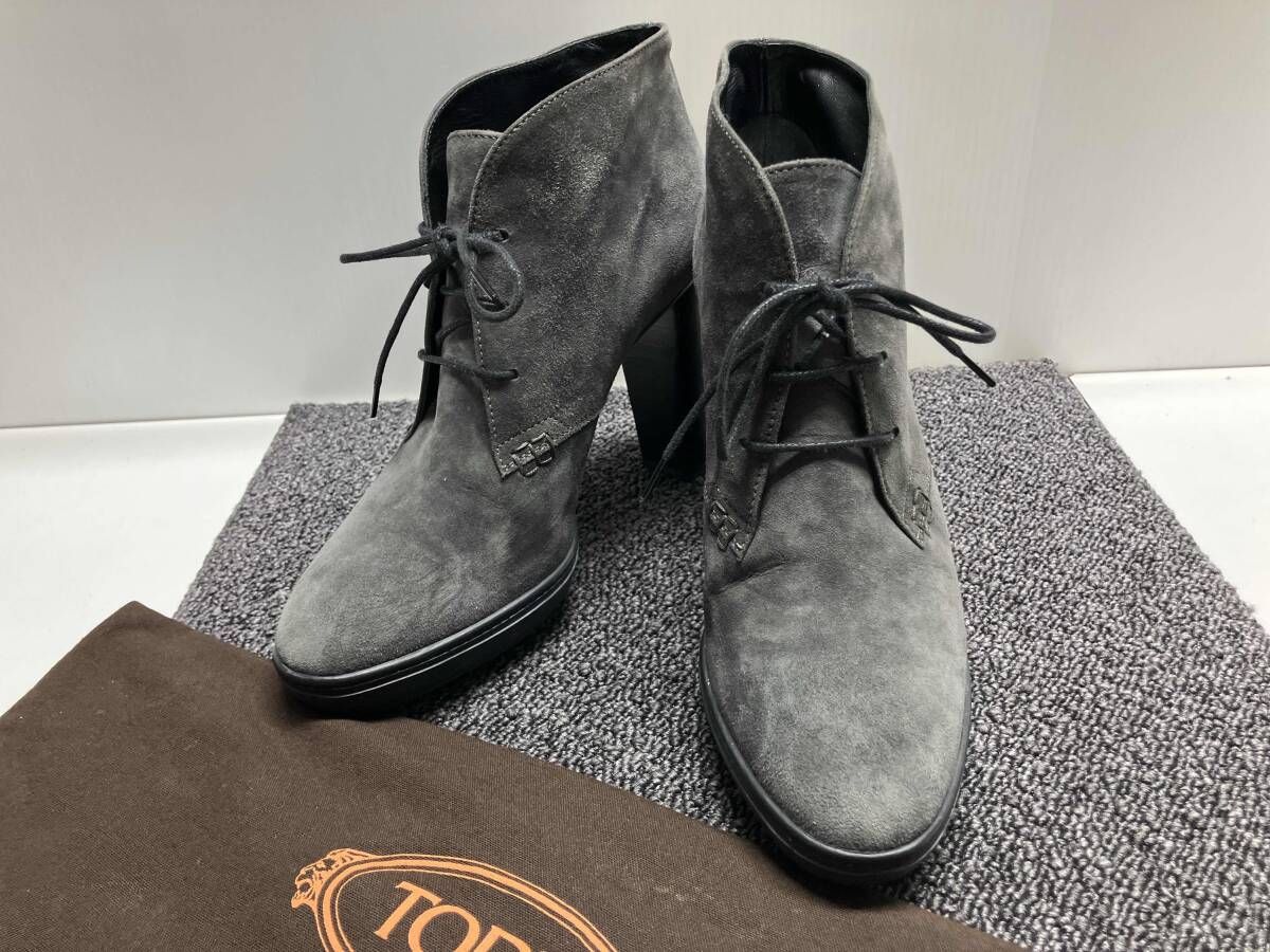 TOD トッズ アンクルブーツ グレー スエード サイズ38 保存袋に汚れ有り