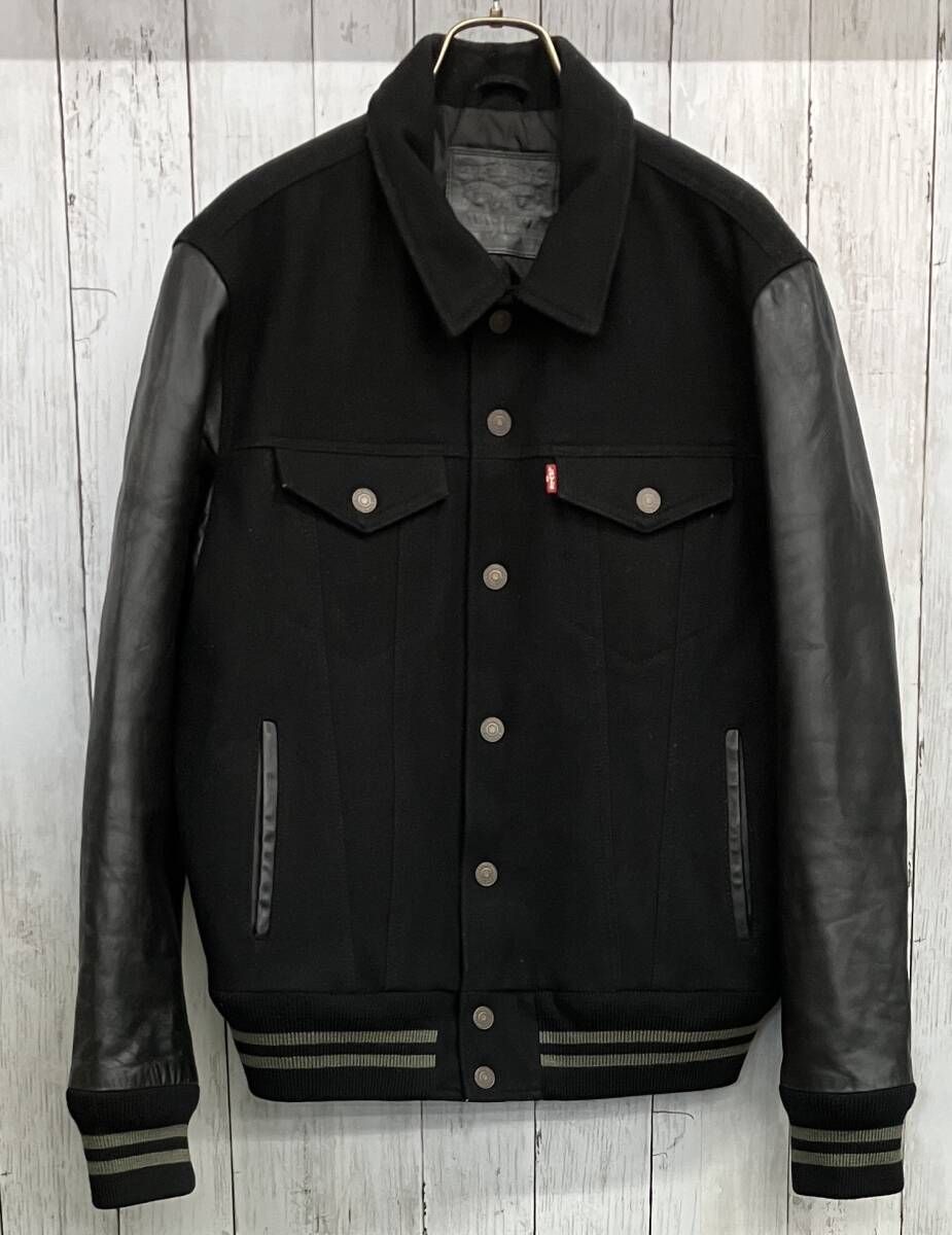 Levi s TRUCKER VARSITY HYBRID ジャケット リーバイス スタジャン レザー袖 ウール ブラック size M