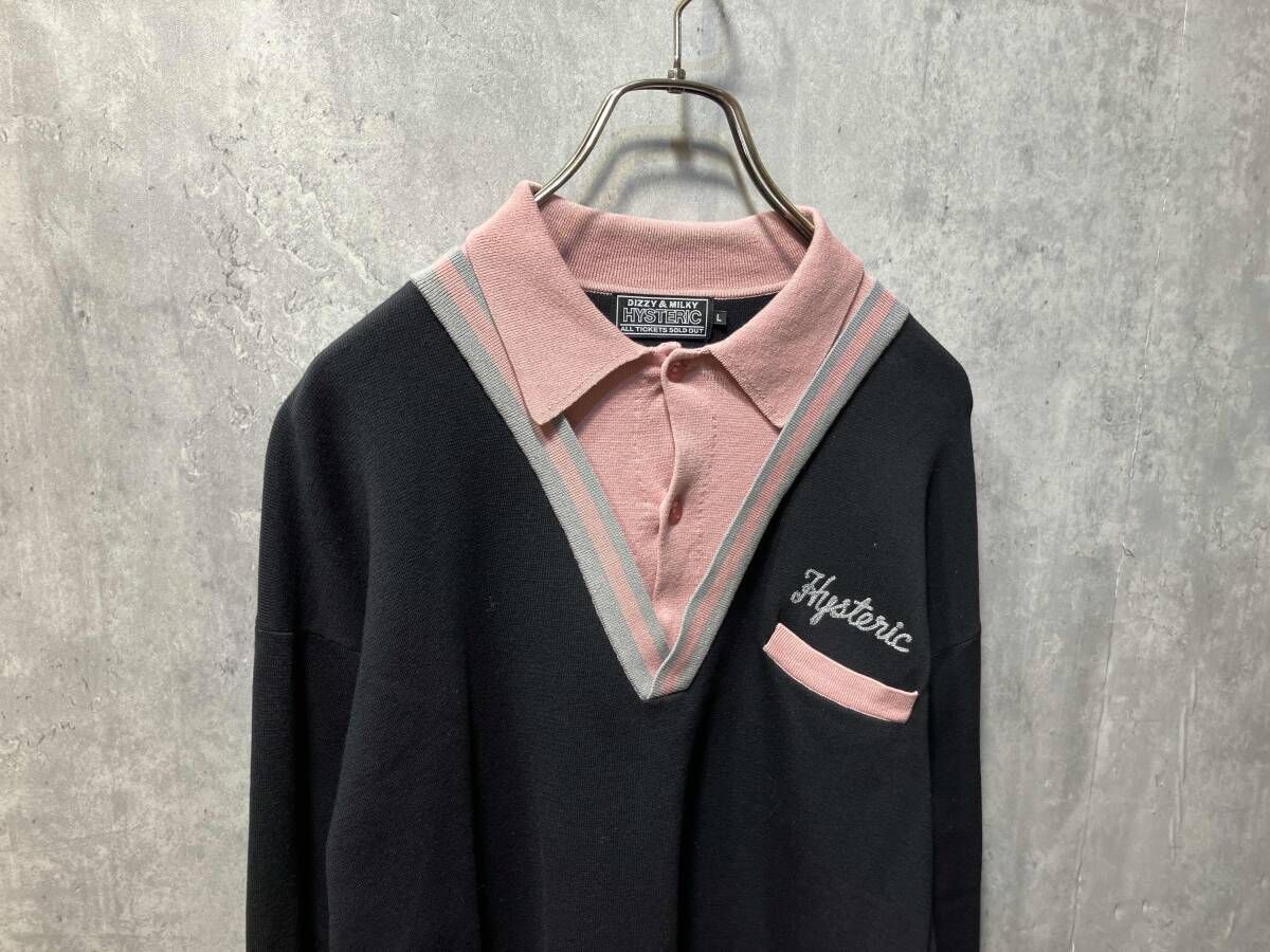 メンズ HYSTERIC GLAMOUR ロゴ刺繍レイヤードデザインポロニット 