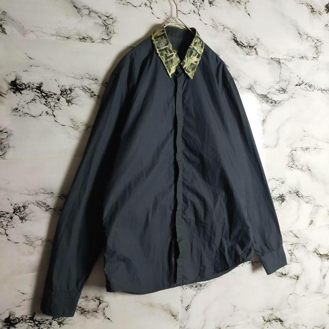 希少】FENDI フェンディ 長袖シャツ 50 L相当 襟ズッカ柄 FFロゴ 迷彩