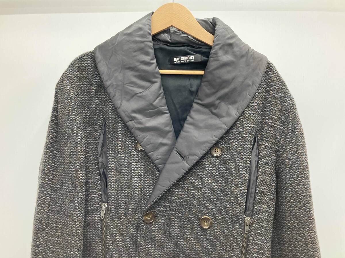 RAF SIMONS ラフシモンズ ショールカラーコート ロングPコート ジップデザインダブルコート2007-2008 AW サイズ44 ウール グレー