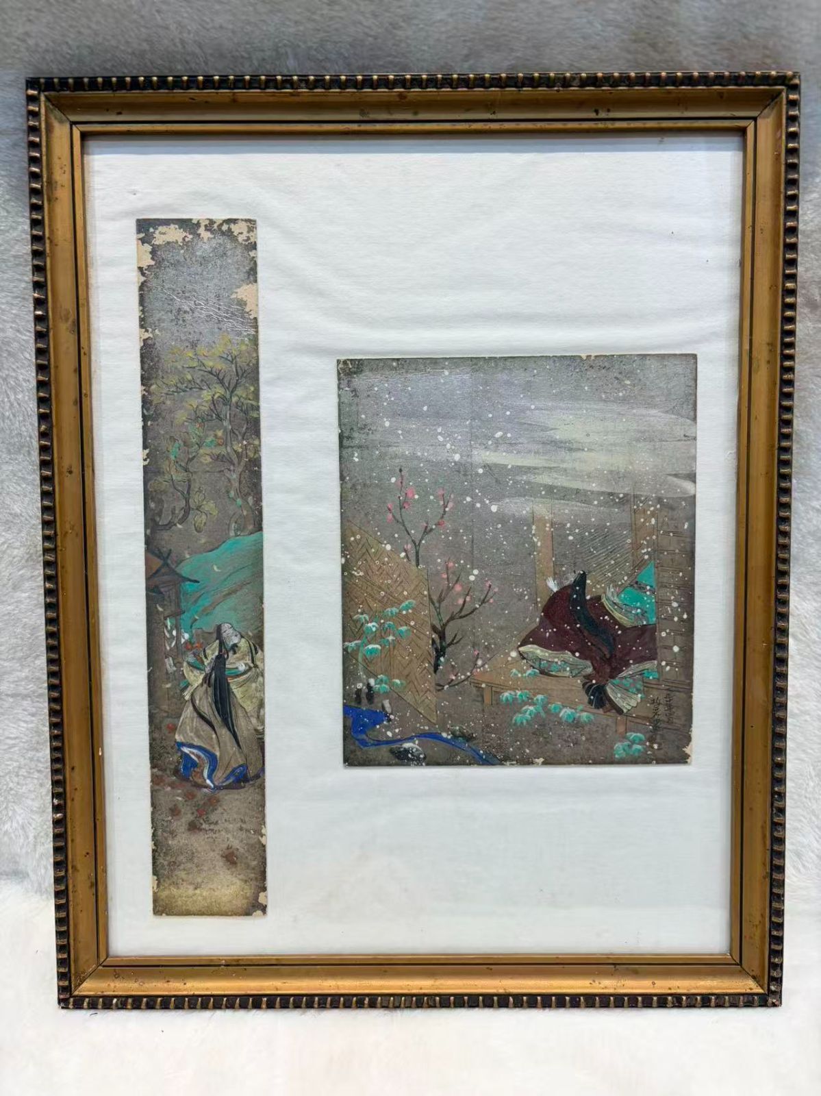 浮世絵 日本画の断片 雪の降る情景